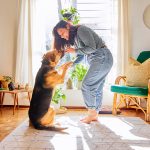 Momento di gioco in salotto tra padrona e cane, prima di tagliare le unghie al cane