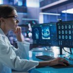 Ricercatrice che esamina al computer una scansione cerebrale per approfondire lo studio degli integratori per la memoria nei pazienti affetti da malattie neurodegenerative