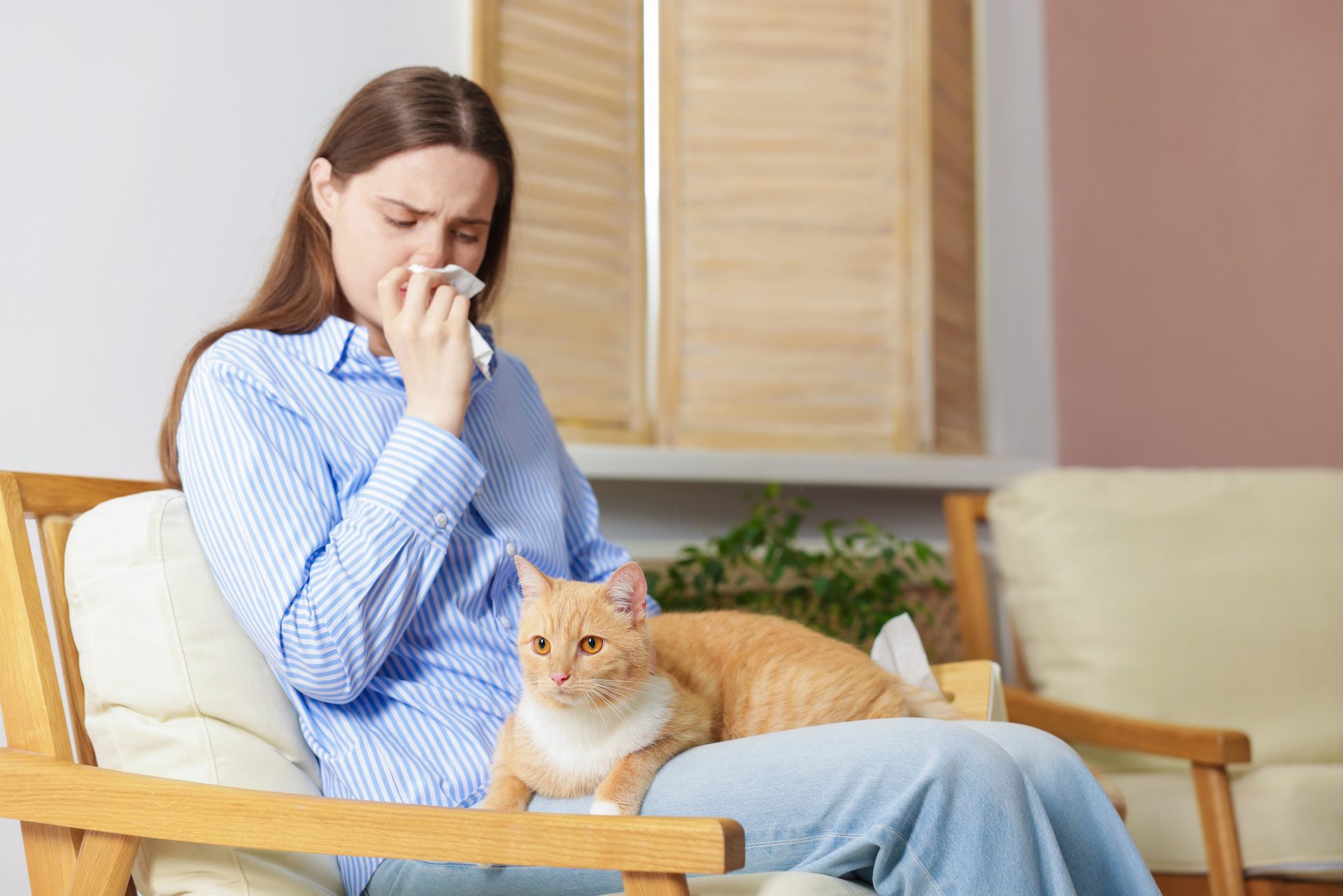 ragazza seduta con gatto in grembo si soffia il naso 